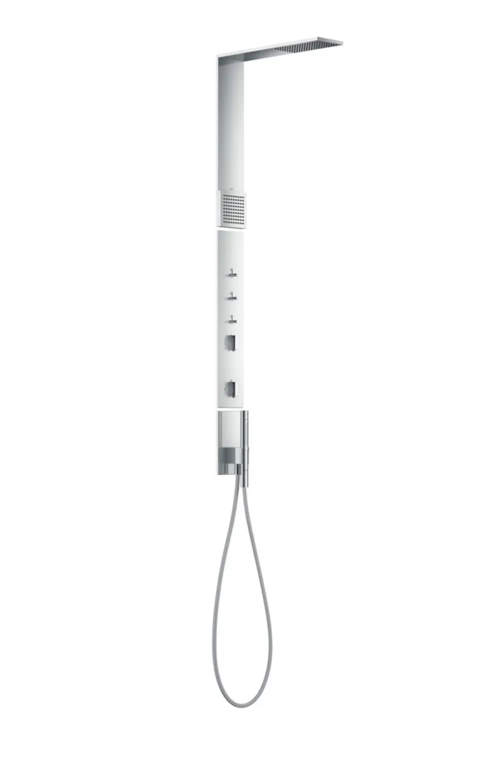 Duschpaneel von AXOR mit Kopfbrause und Schulterbrause, ausgestattet mit Thermostat und verschiedenen Wasserauslässen, in modernem Design und Chromausführung.